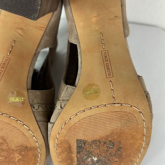 Vince Camuto Conley Buckle Tan Suede Leather Peep Toe Heeled Boots Size 8.5 - Picture 8 of 11